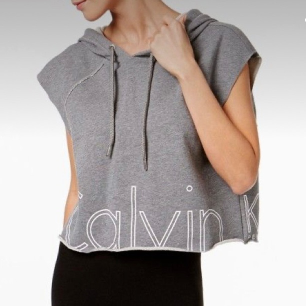 Calvin Klein Performance Cropped Sleeveless Raw Edge Gray Hoodie, Small,…